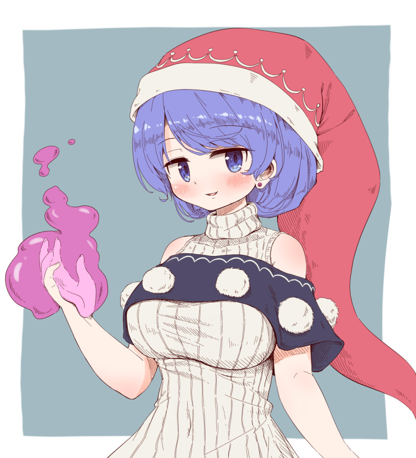 1girl adapted_costume arinu blob blue_eyes blue_hair blush breasts doremy_sweet dream_soul ear_piercing hat highres large_breasts nightcap open_mouth piercing pom_pom_(clothes) red_headwear ribbed_sweater short_hair short_sleeves smile solo sweater touhou upper_body white_sweater