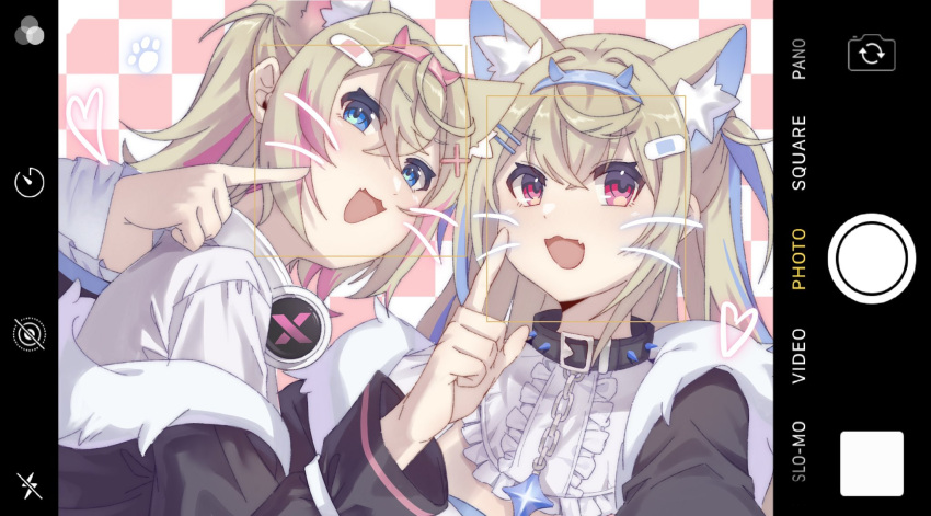 2girls :3 :d animal_ear_fluff animal_ears belt_collar black_collar black_jacket blonde_hair blue_hair collar cropped_jacket cropped_shirt dog_ears dog_girl fake_whiskers fang fur-trimmed_jacket fur_trim fuwawa_abyssgard hair_ornament hairpin headphones headphones_around_neck heart highres hololive hololive_english jacket long_hair looking_at_viewer medium_hair mococo_abyssgard multicolored_hair multiple_girls open_mouth pink_hair pointing pointing_at_self selfie shirt siblings sisters skin_fang smile spiked_collar spikes streaked_hair tazaki_yokka twins virtual_youtuber whisk white_shirt x_hair_ornament