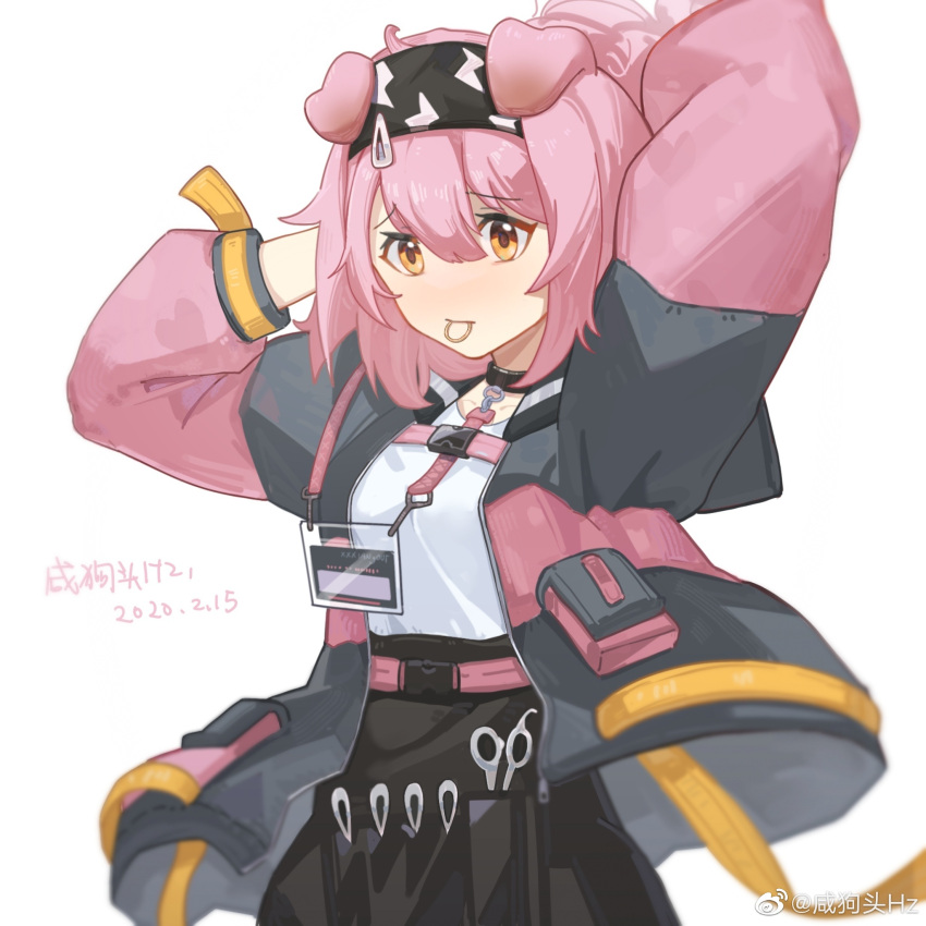 1girl animal_ears arknights arms_up artist_name black_hairband black_jacket black_skirt blush breasts cat_ears cat_girl cowboy_shot dated floppy_ears goldenglow_(arknights) hair_between_eyes hair_ornament hair_tie_in_mouth hairband hairclip high-waist_skirt highres id_card jacket lanyard lightning_bolt_print long_hair long_sleeves mouth_hold multicolored_clothes multicolored_jacket pink_jacket print_hairband scissors shirt shirt_tucked_in simple_background skirt small_breasts solo two-tone_jacket weibo_logo weibo_username white_background white_shirt xian_goutou_hz yellow_eyes