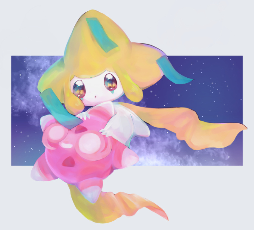 brown_eyes butter_(oshi8kyoumoh) highres hug hug_from_behind jirachi looking_at_another looking_at_viewer minior night night_sky no_humans outdoors pink_eyes pokemon pokemon_(creature) sky star_(sky) starry_sky
