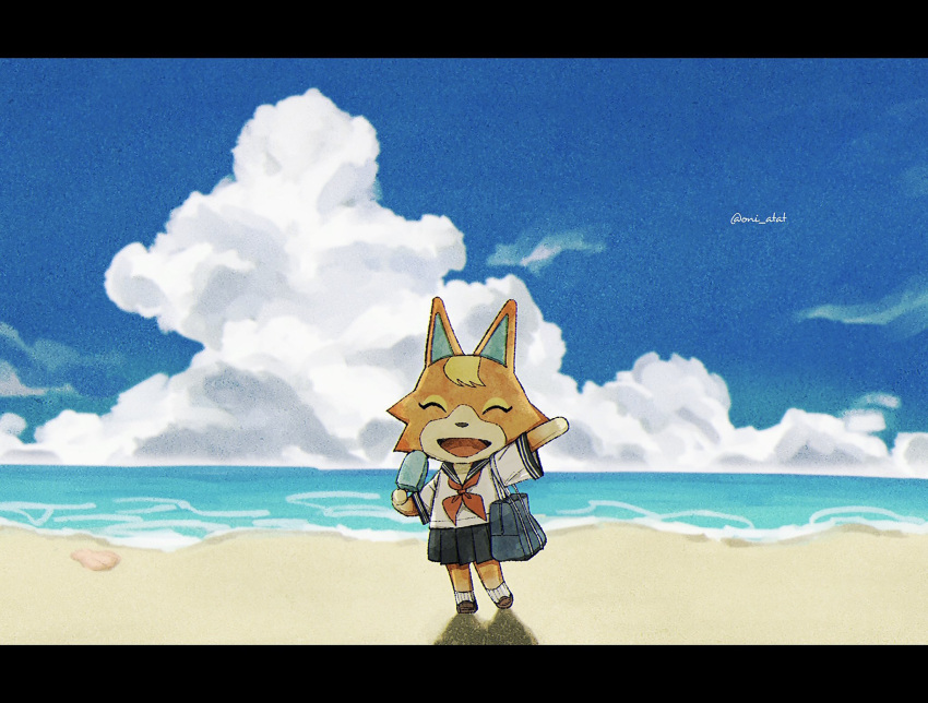 1girl :d ^_^ animal_crossing arm_up artist_name audie_(animal_crossing) bag beach black_sailor_collar black_skirt blue_bag blue_sky brown_footwear closed_eyes clouds commentary_request day food fox_girl furry furry_female happy highres holding holding_food holding_popsicle horizon kaji_(oni_atat) letterboxed neckerchief ocean open_mouth outdoors pleated_skirt popsicle red_neckerchief sailor_collar sailor_shirt sand school_bag school_uniform seashell serafuku shell shirt shoes short_sleeves shoulder_bag skirt sky sleeve_cuffs smile socks solo standing twitter_username water white_shirt white_socks