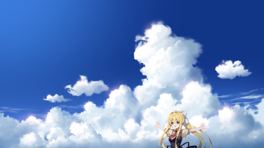 1girl blonde_hair blue_eyes blue_sky clouds day hair_ribbon highres long_hair meito_(maze) necktie open_mouth original outdoors outstretched_arms ponytail red_necktie ribbon short_sleeves sky smile solo white_ribbon