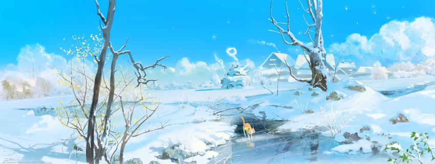 animal artist_name blue_sky branch cat clouds cold colorful field flower frozen_flower frozen_lake highres house illumi999 lake leaf morning original reflection reflective_water rooftop scarf sky snow snow_on_tree snowing tree yellow_flower yellow_scarf