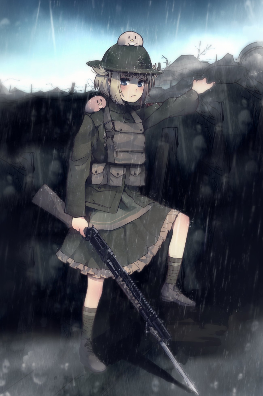 1girl bayonet bitchcraft123 black_footwear blue_eyes brown_hair brown_socks closed_mouth combat_helmet commentary commission english_commentary frilled_skirt frills girls_frontline green_headwear green_jacket green_skirt gun helmet highres holding holding_gun holding_weapon jacket long_sleeves looking_at_viewer m1897_(girls'_frontline) name_connection object_namesake on_head on_shoulder outdoors pump_action rain shoes shotgun skirt socks solo trench weapon winchester_model_1897 world_war_i