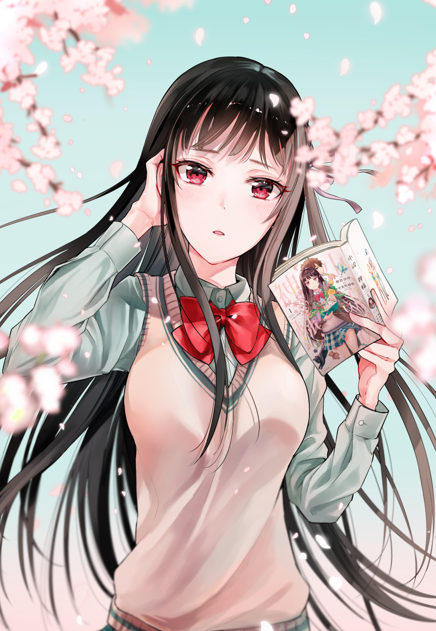 1girl absurdres adjusting_hair black_hair book branch brown_sweater_vest cherry_blossoms falling_petals green_shirt hand_up highres holding holding_book long_hair looking_at_viewer neck_ribbon open_mouth original petals red_eyes red_ribbon ribbon shirt sky solo_focus straight_hair sweater_vest tenacitysaho