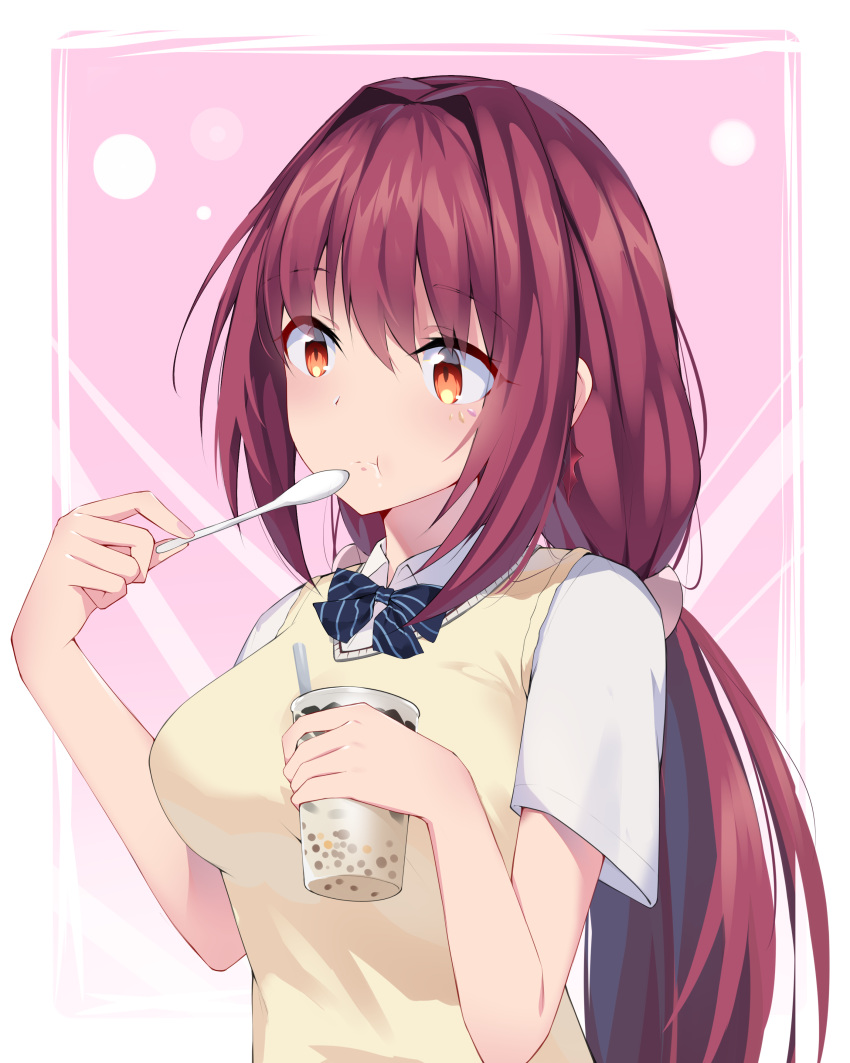 1girl absurdres black_bow black_bowtie bow bowtie breasts bubble_tea collared_shirt diagonal-striped_bowtie fate/grand_order fate_(series) feng_mouren highres holding holding_spoon large_breasts long_hair orange_eyes purple_hair scathach_(fate) school_uniform shirt solo spoon sweater_vest white_shirt yellow_sweater_vest