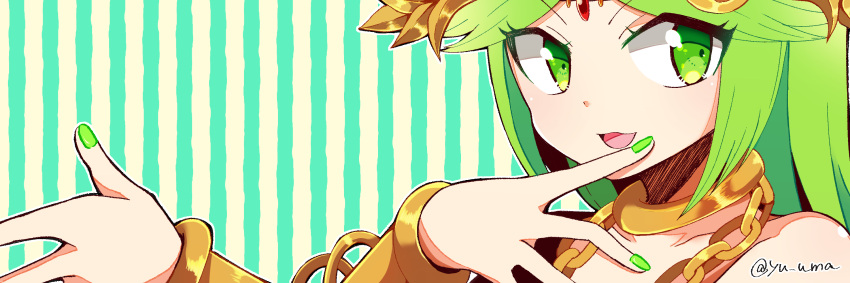 1girl armlet forehead_jewel green_eyes green_hair highres jewelry kid_icarus kid_icarus_uprising looking_at_viewer nail_polish open_mouth palutena pendant smile solo striped striped_background twitter_username upper_body yu_makoto_(yu_uma)