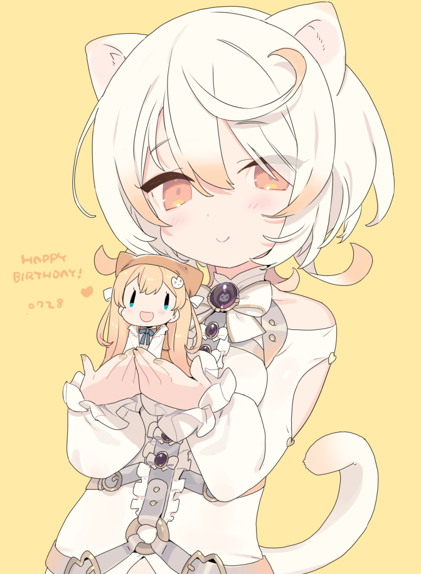 2girls :d animal_ears bare_shoulders blade_(galaxist) blonde_hair blue_eyes blush brown_eyes brown_headwear cat_ears cat_girl cat_tail center_frills closed_mouth commentary_request dated dress fake_animal_ears frills gradient_hair hair_between_eyes happy_birthday heart highres indie_virtual_youtuber looking_at_viewer mini_person minigirl multicolored_hair multiple_girls o-ring orange_hair simple_background smile sonobe_maya tail upper_body white_dress white_hair yamata_(lllwolll) yellow_background