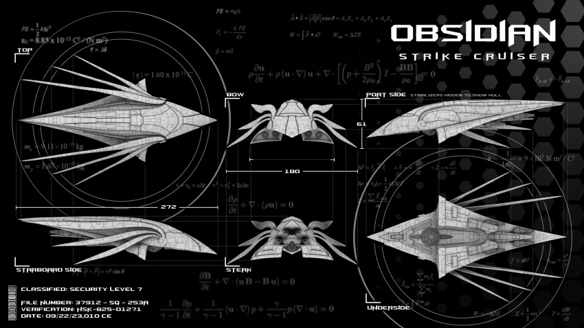 blueprint_(medium) commentary concept_art cruiser_(eve_online) ebonnebula english_text eve_online from_side greyscale highres military_vehicle monochrome multiple_views no_humans original reference_sheet science_fiction spacecraft thrusters vehicle_focus