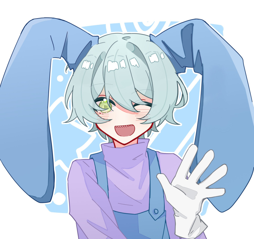 1boy ;d animal_ears blue_hair blue_overalls commentary_request eyes_visible_through_hair gloves green_eyes hair_between_eyes hand_up highres light_blue_hair lingxiankong1 long_sleeves lop_rabbit_ears neko_no_teach-kun no_nose one_eye_closed open_mouth overalls portrait purple_sweater rabbit_boy rabbit_ears sam_(neko_no_teach-kun) sharp_teeth short_hair smile solo sweater teeth white_gloves