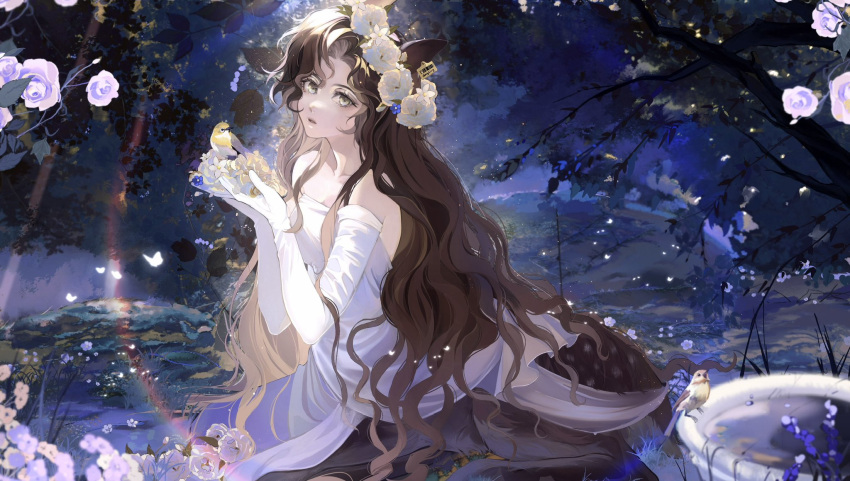 1girl :o animal animal_ears bare_shoulders bird brown_hair bug butterfly centauroid changeling_(reverse:1999) curly_hair deer_ears deer_girl dress ear_tag elbow_gloves feet_out_of_frame flower flower_wreath forest gloves grass green_eyes hands_up head_wreath highres holding holding_animal holding_bird holding_flower lens_flare lens_flare_abuse long_hair looking_at_viewer nature night on_grass purple_flower reverse:1999 sidelighting sitting solo strapless strapless_dress taur tree ttangsun white_dress white_flower white_gloves