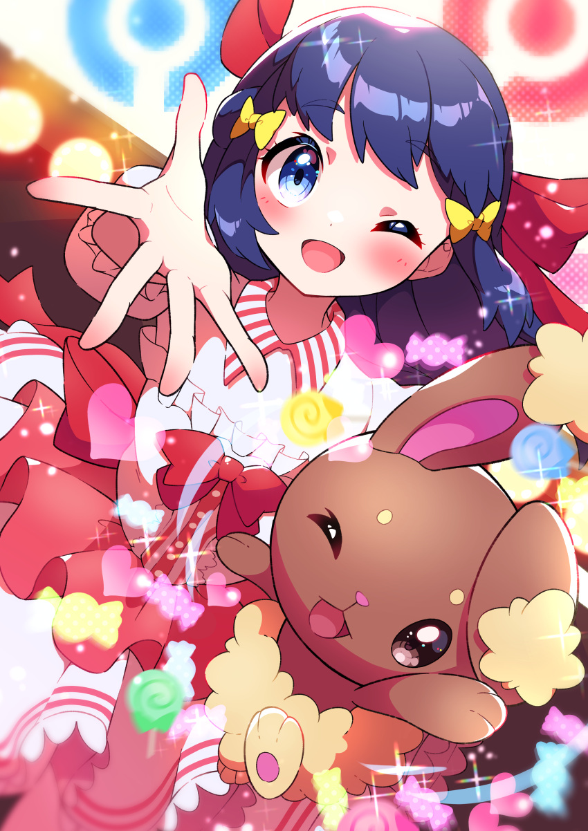 1girl ;d absurdres blue_eyes blurry blush bow buneary collared_dress commentary dress eyelashes frills hair_bow hand_up highres hikari_(pokemon) long_hair one_eye_closed open_mouth poke_ball_symbol pokemon pokemon_(creature) pokemon_(game) pokemon_bdsp pon_yui red_bow smile spread_fingers tongue yellow_bow