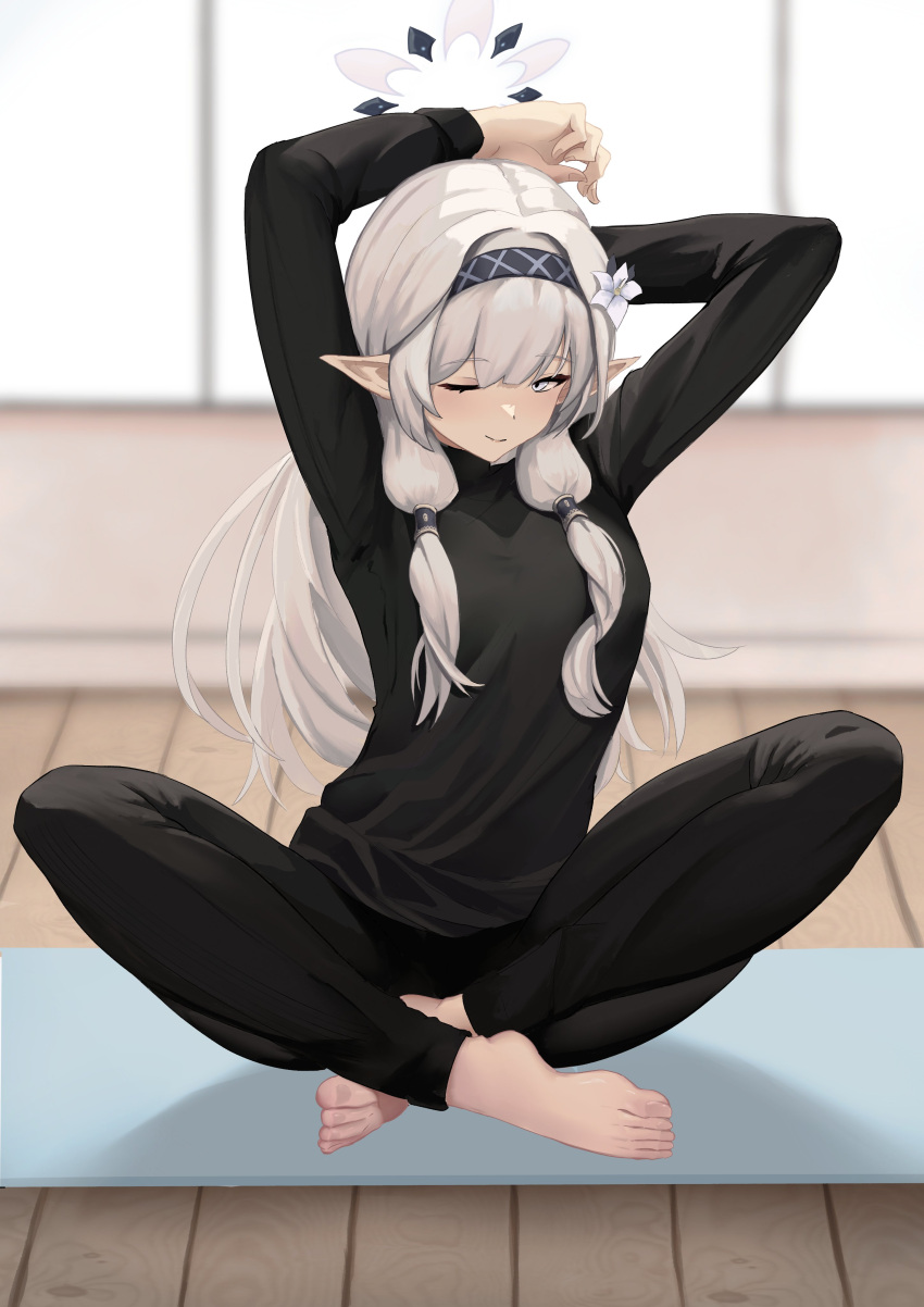 1girl ;) absurdres alternate_costume arms_up barefoot black_pants black_shirt blue_archive blush breasts feet flower grey_hair hair_flower hair_ornament halo highres himari_(blue_archive) indian_style long_hair low_tied_sidelocks mat one_eye_closed pants pointy_ears shirt sitting small_breasts smile solo stretching toes very_long_hair wooden_floor yan_kodiac
