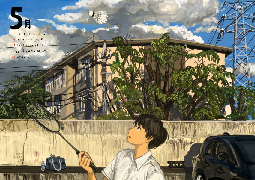 1boy badminton badminton_racket bag black_hair blue_sky bottle brown_eyes building calendar_(medium) car cinder_block clouds collared_shirt commentary_request day from_side highres looking_up male_focus minahamu motor_vehicle open_mouth original outdoors polo_shirt power_lines practicing profile racket scenery school_bag shirt short_hair shuttlecock sideways_mouth sky solo town transmission_tower tree upper_body wall water_bottle white_shirt