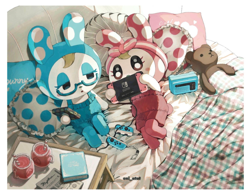 2girls :o animal_crossing artist_name bed blue-framed_eyewear blue_hood blue_pantyhose blue_shirt blue_shorts blush blush_stickers book border cable cellphone chrissy_(animal_crossing) commentary_request cup drink drinking_straw eyelashes francine_(animal_crossing) frilled_pillow frills furry furry_female glasses handheld_game_console heart highres holding holding_handheld_game_console holding_phone hood indoors joy-con kaji_(oni_atat) looking_at_viewer lying multiple_girls nintendo_switch on_back on_bed open_mouth pantyhose parted_lips phone pillow pink_hood pink_pantyhose pink_shirt pink_shorts playing_games polka_dot polka_dot_pillow rabbit_girl semi-rimless_eyewear shirt shorts siblings sisters sitting sleeveless sleeveless_shirt smartphone stuffed_animal stuffed_toy table teddy_bear twitter_username under-rim_eyewear white_border