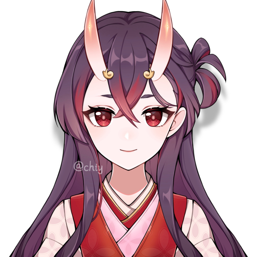 1girl chinese_commentary chishahaone chiyo_(genshin_impact) commentary_request genshin_impact gradient_hair highres horns japanese_clothes long_hair looking_at_viewer multicolored_hair official_style one_side_up oni oni_horns purple_hair red_eyes redhead short_eyebrows skin-covered_horns solo