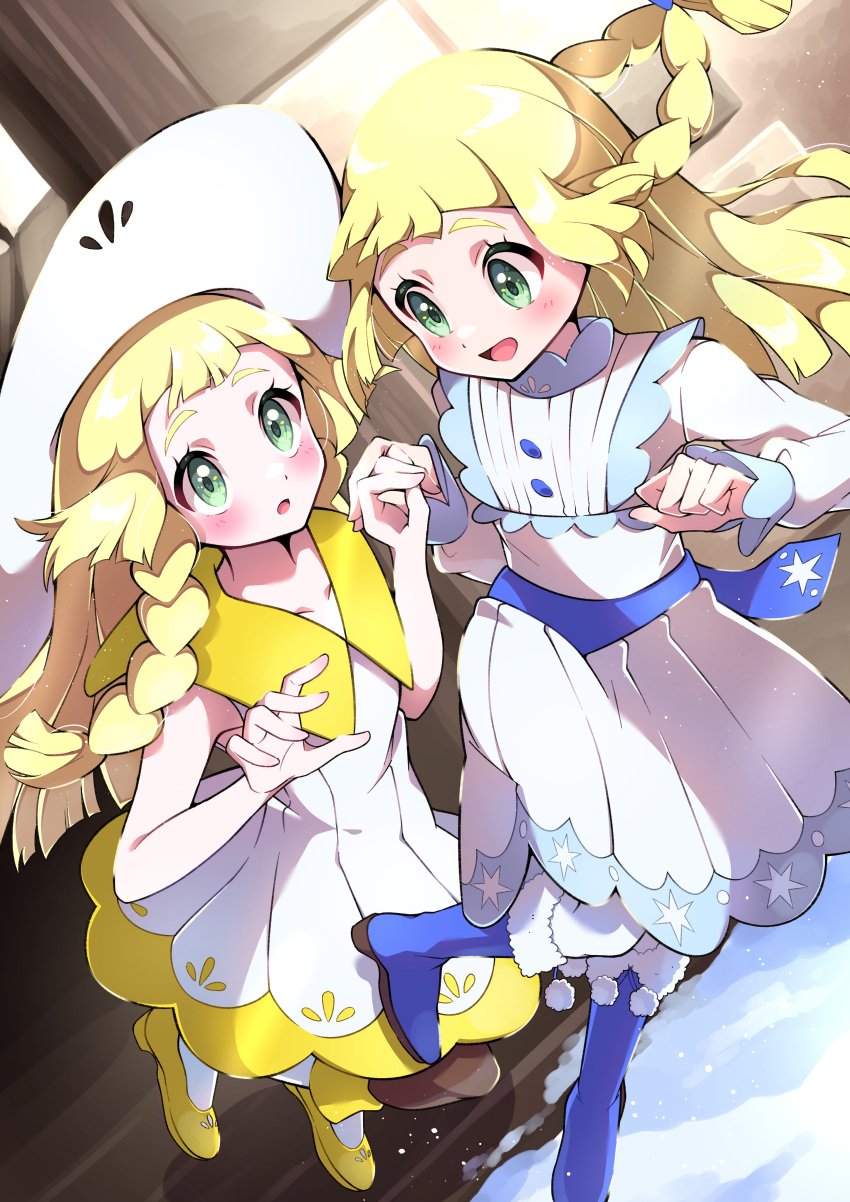 2girls :o absurdres bare_arms blonde_hair blue_footwear blush boots braid buttons collared_dress commentary_request dress dual_persona eyelashes green_eyes hands_up hat highres holding_hands lillie_(nihilego) lillie_(pokemon) looking_at_another monster_girl multiple_girls nihilego open_mouth pokemon pokemon_(anime) pokemon_journeys pon_yui shoes sleeveless sleeveless_dress snow tongue twin_braids white_dress white_headwear yellow_footwear
