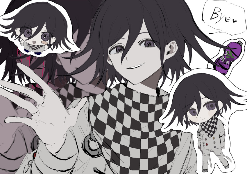 1boy :d absurdres black_eyes black_hair blood blush_stickers bottle buttons checkered_clothes checkered_scarf chibi danganronpa_(series) danganronpa_v3:_killing_harmony double-breasted fanta flipped_hair hand_up heart highres long_sleeves male_focus multiple_views oma_kokichi open_mouth scarf smile speech_bubble teeth violet_eyes wa_noko