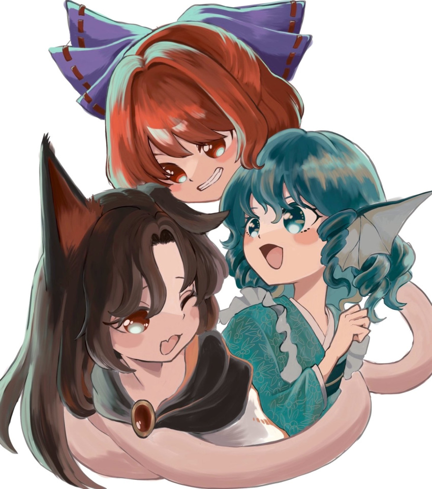 3girls ;d animal_ears black_hair blue_bow blue_eyes blue_hair bow brown_eyes commentary_request drill_hair drill_sidelocks fang fins grass_root_youkai_network hair_bow hair_intakes head_fins highres imaizumi_kagerou long_hair multiple_girls one_eye_closed open_mouth red_eyes redhead sekibanki short_hair sidelocks skin_fang smile touhou umebitan wakasagihime wolf_ears wolf_girl