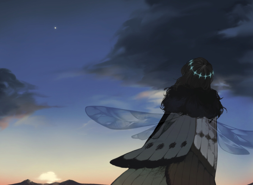 1boy clouds cloudy_sky commentary_request fate/grand_order fate_(series) from_behind male_focus oberon_(fate) oberon_(third_ascension)_(fate) outdoors short_hair sky spoilers star_(sky) sunset user_zjug2253 wings