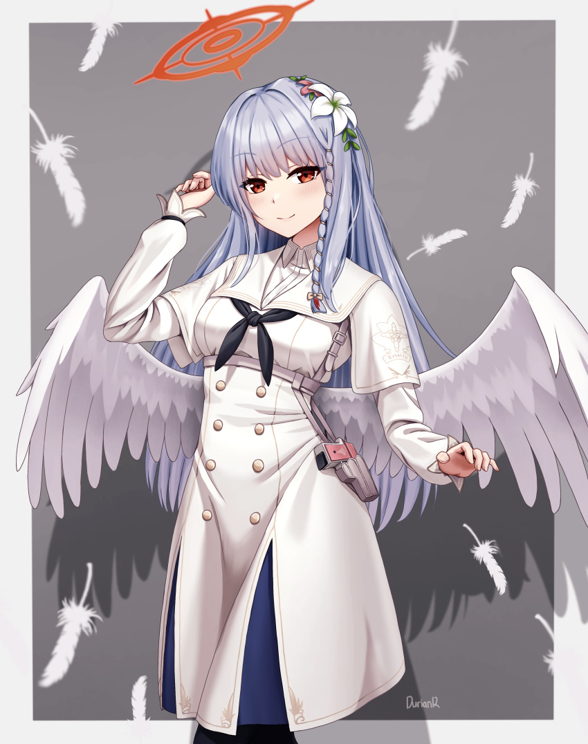 1girl absurdres alternate_species angel_wings blue_archive braid buttons color_connection commentary cosplay dress durian12 falling_feathers feathered_wings flower grey_background grey_hair gun hair_between_eyes hair_color_connection hair_flower hair_ornament halo handgun haruna_(blue_archive) highres holster long_hair long_sleeves looking_at_viewer nagisa_(blue_archive) nagisa_(blue_archive)_(cosplay) red_eyes school_uniform serafuku shoulder_strap sidelocks signature simple_background single_braid smile solo turtleneck_dress two-tone_background walther weapon white_wings wings