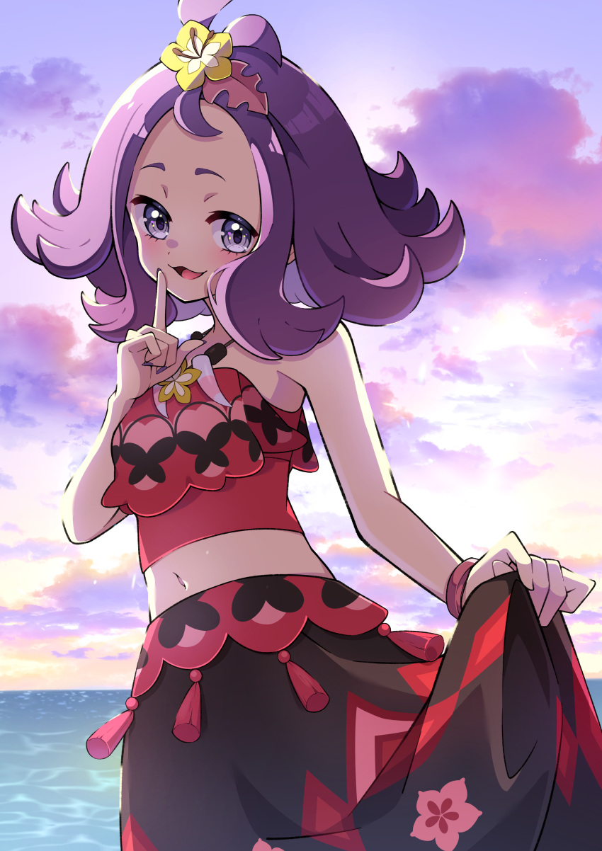 1girl absurdres acerola_(pokemon) acerola_(sygna_suit)_(pokemon) bracelet clothes_lift clouds commentary_request day eyelashes floral_print grey_eyes hand_up highres index_finger_raised jewelry lifted_by_self looking_at_viewer navel necklace official_alternate_costume open_mouth outdoors pokemon pokemon_(game) pokemon_masters_ex pon_yui purple_hair shirt skirt skirt_lift sky sleeveless sleeveless_shirt smile solo topknot