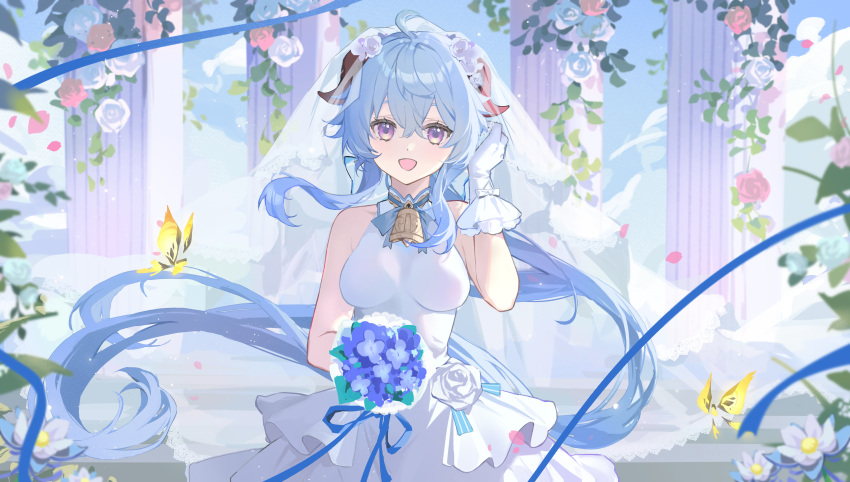 1girl absurdres ahoge alternate_costume bare_shoulders bell blue_hair blue_ribbon blue_sky bouquet breasts bridal_veil bride bug butterfly chinese_commentary clouds commentary_request crossed_bangs double-parted_bangs dress floating_hair flower ganyu_(genshin_impact) genshin_impact gloves goat_horns hair_flower hair_ornament hand_up highres holding holding_bouquet horns long_hair looking_at_viewer medium_breasts neck_bell open_mouth pillar purple_flower qingxin_flower red_flower red_rose ribbon rose see-through_veil sidelocks sky sleeveless sleeveless_dress solo straight-on upper_body veil violet_eyes wedding_dress white_dress white_flower white_gloves white_rose white_veil yellow_butterfly yuki_(miyuki_kii)