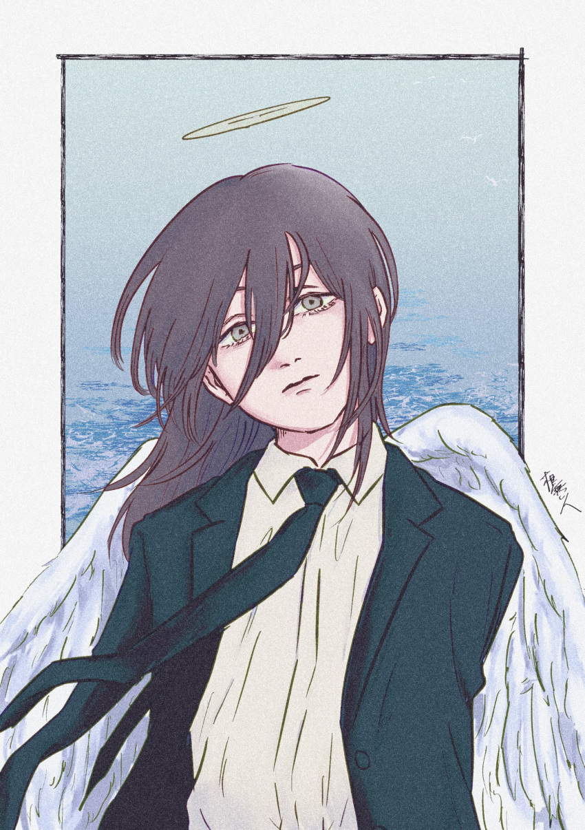 1boy amputee angel angel_devil_(chainsaw_man) angel_wings armless_amputee black_jacket black_necktie border brown_hair chainsaw_man collared_shirt double_amputee hair_between_eyes halo highres jacket long_hair looking_at_viewer necktie nenashibito outside_border shirt solo suit suit_jacket white_border white_shirt white_wings wings