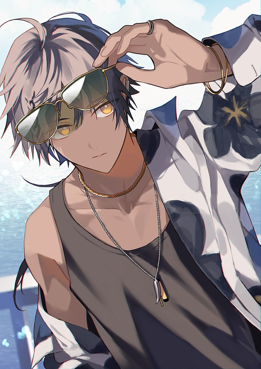 1boy ahoge alternate_costume arknights bespectacled black_hair black_tank_top bracelet bright_pupils commentary dark-skinned_male dark_skin facing_viewer floral_print frown glasses highres hishoti_cheese jacket jewelry long_hair looking_to_the_side male_focus necklace ocean outdoors ponytail railing removing_eyewear ring solo sunglasses tank_top thorns_(arknights) upper_body white_jacket white_pupils yellow_eyes