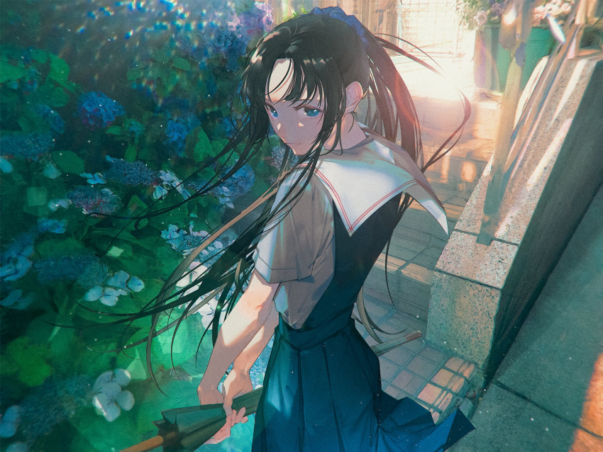 1girl black_hair blue_flower blue_hair blue_sky bush closed_mouth colorful door dress_shirt flower green_umbrella highres holding holding_umbrella house light long_hair long_skirt looking_at_viewer looking_back original parted_bangs petals ponytail shadow shiomi_(lowrise) shirt short_sleeves sidelocks skirt sky smile solo stairs standing umbrella white_shirt