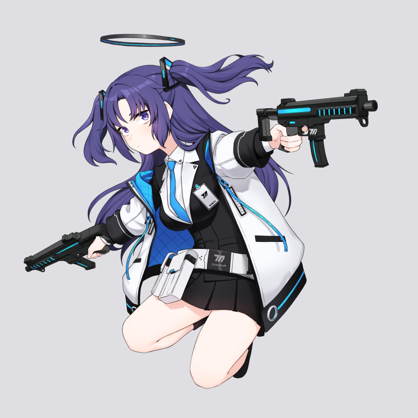 1girl absurdres artpatient blazer blue_archive blue_halo blue_necktie closed_mouth full_body grey_background gun halo highres holding holding_gun holding_weapon jacket long_hair looking_at_viewer necktie purple_hair shirt sig_mpx simple_background solo submachine_gun thighs violet_eyes weapon white_jacket white_shirt yuuka_(blue_archive)