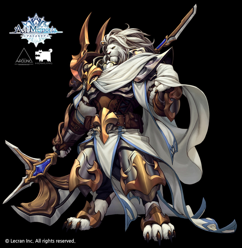 alba_canare_(ast_memoria) animal_ears animal_hands armor ast_memoria asymmetrical_armor axe belt belt_pouch black_background cape furry furry_male greaves hanwool_lee highres holding holding_axe holding_weapon leather_armor lion_boy lion_ears pauldrons pelvic_curtain pouch shoulder_armor vambraces weapon white_cape white_fur yellow_eyes