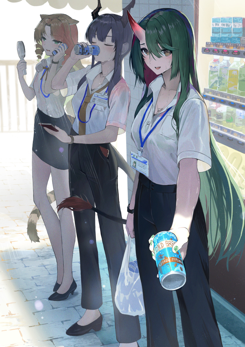 3girls animal_ears arknights bag black_bra blonde_hair blue_eyes blue_hair bra can ch'en_(arknights) closed_eyes collared_shirt commentary day dragon_horns drill_hair drinking electric_fan green_hair hand_fan high_heels highres holding holding_can horns hoshiguma_(arknights) looking_at_viewer multiple_girls pants pi_(p77777778) plastic_bag reaching reaching_towards_viewer see-through see-through_shirt shirt shoes short_sleeves skirt smile standing sweat swire_(arknights) tail tiger_ears tiger_girl tiger_tail twin_drills underwear vending_machine wet wet_clothes wet_shirt white_shirt