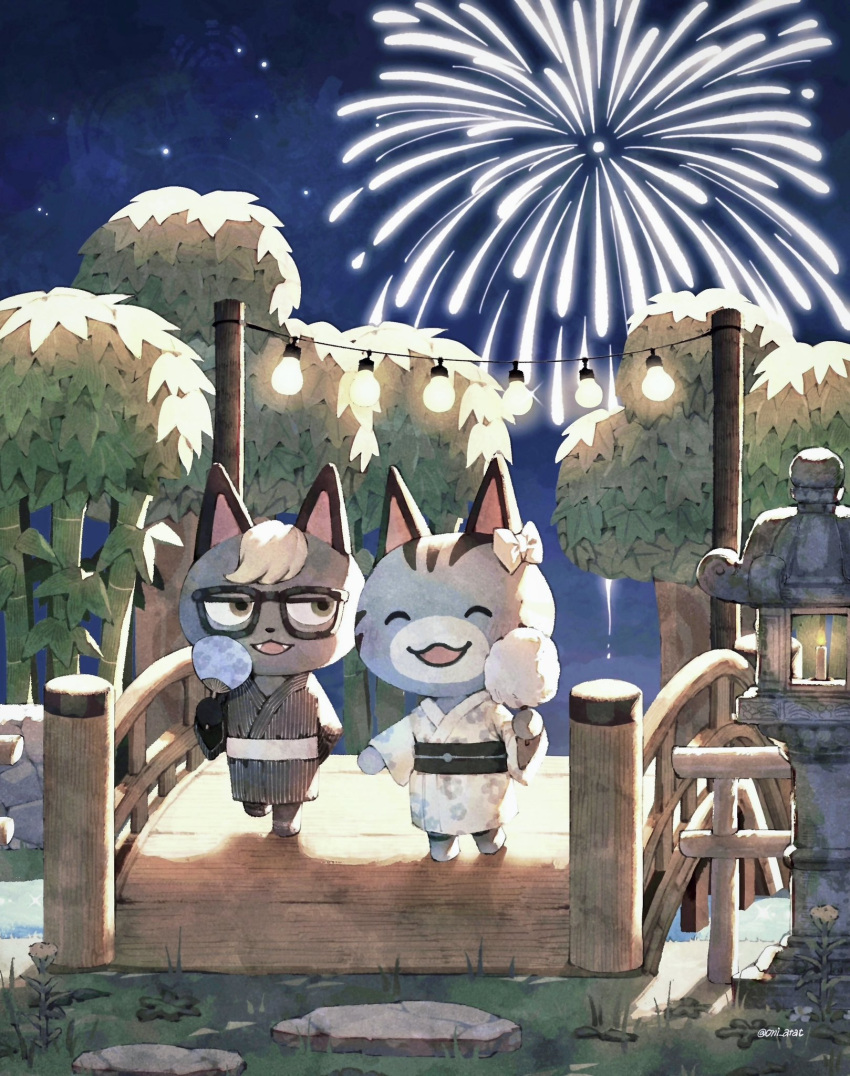 1boy 1girl :d ^_^ aerial_fireworks animal_crossing arch_bridge artist_name bamboo black-framed_eyewear black_kimono black_sash blush bow bridge brown_eyes candle cat_boy closed_eyes commentary cotton_candy fangs fire fireworks flame floral_print flower food furry furry_female furry_male glasses grass hair_bow hand_fan happy highres holding holding_fan holding_food japanese_clothes kaji_(oni_atat) kimono lantern lolly_(animal_crossing) long_sleeves looking_at_another night night_sky obi open_mouth outdoors paper_fan plant railing raymond_(animal_crossing) rock sash sideways_glance sky smile star_(sky) stone_lantern striped striped_kimono symbol-only_commentary twitter_username uchiwa vertical-striped_kimono vertical_stripes white_bow white_flower white_kimono white_sash wide_sleeves wooden_bridge yellow_flower