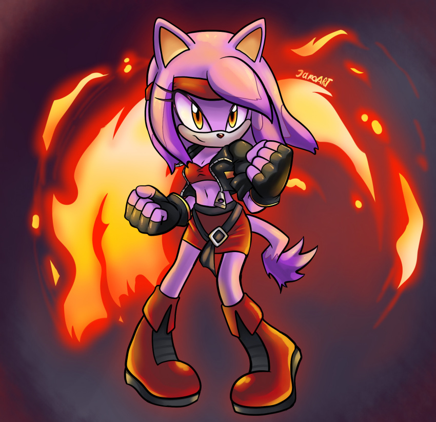 animal_ears belt black_gloves black_jacket blaze_fielding blaze_the_cat cat_ears cat_girl cat_tail clenched_hands crossover eyelashes fingerless_gloves fire forehead_jewel furry furry_female gloves highres jacket jamoart looking_at_viewer loose_belt miniskirt open_clothes open_jacket purple_fur red_footwear red_skirt red_tube_top sega skirt sonic_(series) strapless streets_of_rage streets_of_rage_4 tail tube_top yellow_eyes