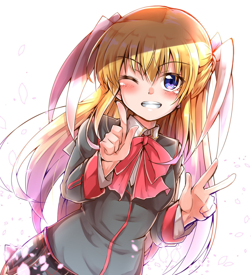 1girl black_jacket blonde_hair blue_eyes blush bow commentary_request cowboy_shot dutch_angle eyelashes eyes_visible_through_hair grey_skirt grin hair_between_eyes hair_ribbon hands_up highres index_finger_raised jacket little_busters! long_hair long_sleeves looking_at_viewer miniskirt one_eye_closed pink_bow pleated_skirt ribbon school_uniform shinonome_mozuku sidelocks simple_background skirt smile solo standing straight-on tokido_saya two_side_up very_long_hair w white_background white_ribbon