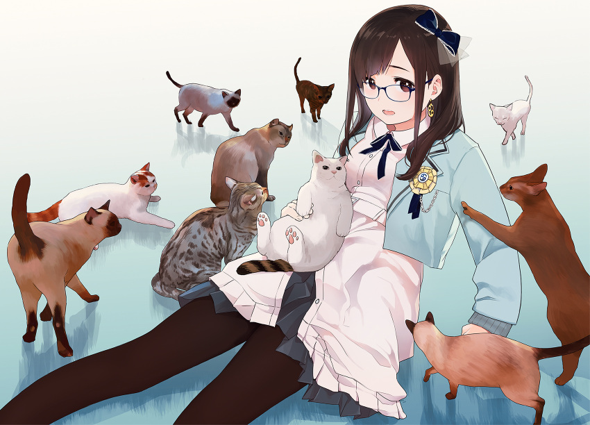 1girl animal belt black_skirt blue_bow blue_jacket blue_ribbon bow brown_eyes brown_hair brown_pantyhose cancer_(zodiac) cat commentary earrings feet_out_of_frame glasses gradient_background hanabasami_kyou highres holding holding_animal holding_cat jacket jewelry long_hair long_sleeves looking_at_viewer morifumi neck_ribbon on_floor open_mouth pantyhose pleated_skirt re:act ribbon school_uniform shirt sitting skirt sleeves_past_wrists solo too_many too_many_cats virtual_youtuber white_shirt white_skirt