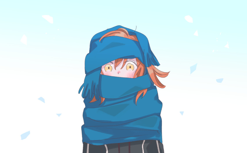 1girl blue_scarf blush commentary_request covered_mouth fate/grand_order fate_(series) fujimaru_ritsuka_(female) fujimaru_ritsuka_(female)_(polar_chaldea_uniform) official_alternate_costume oneroom-disco orange_eyes orange_hair scarf scarf_over_mouth solo upper_body