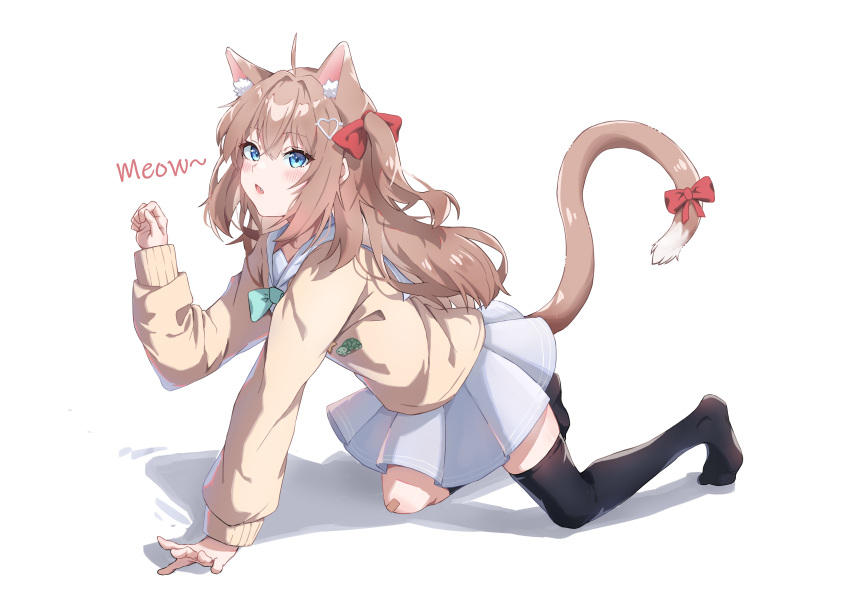 1girl absurdres ahoge all_fours animal_ears arm_up bandaid bandaid_on_knee bandaid_on_leg black_socks black_thighhighs blonde_hair blue_eyes blue_sailor_collar blue_skirt blush bow bowtie cardigan cat_ears cat_tail chestnut_mouth extra_ears fang full_body green_bow green_bowtie grey_sailor_collar grey_skirt hair_ornament hair_ribbon hairclip heart heart_hair_ornament highres indie_virtual_youtuber kneehighs long_hair long_sleeves looking_at_viewer meowing morynatsu neuro-sama no_shoes open_mouth paw_pose pleated_skirt red_ribbon ribbon sailor_collar school_uniform shadow simple_background single_kneehigh single_sock single_thighhigh skirt socks solo tail tail_ornament tail_ribbon thigh-highs turtle two_side_up vedal987 virtual_youtuber white_background yellow_cardigan