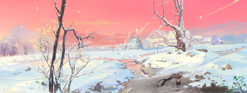 artist_name ball branch cat closed_eyes clouds field flower frozen_lake highres house illumi999 lake leaf orange_sky original red_sky reflection reflective_water rooftop shadow sky snow snow_on_tree snowing stretching sunset tree
