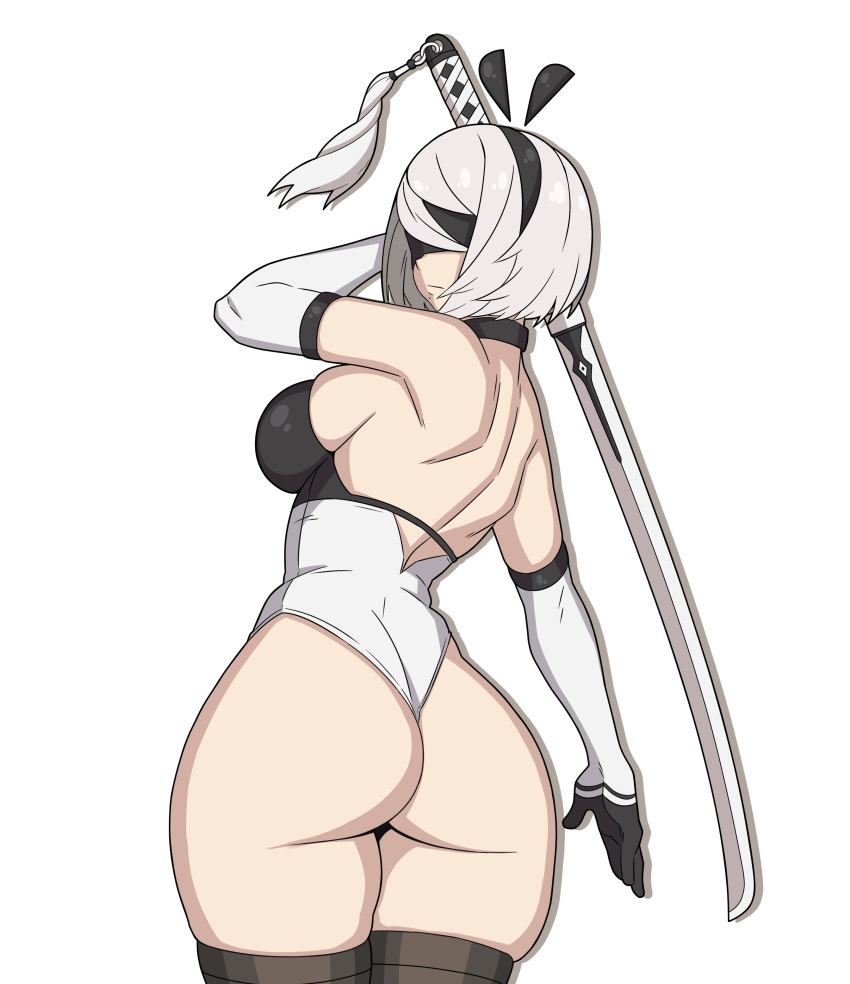 1girl absurdres animal_ears ass back black_blindfold black_headband blindfold breasts closed_mouth curvy headband highres holding holding_sword holding_weapon large_breasts looking_at_viewer looking_back nier:automata nier_(series) playboy_bunny potatoartox rabbit rabbit_ears short_hair simple_background solo standing sword thick_thighs thigh-highs thighs weapon white_background white_hair yorha yorha_no._2_type_b