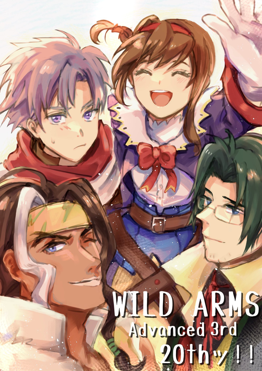 1girl 3boys ahoge braid brown_hair clive_winslett coat dress gallows_carradine gloves hairband highres jet_enduro long_hair looking_at_viewer multiple_boys open_mouth poppo purple_dress red_hairband simple_background smile virginia_maxwell white_background wild_arms wild_arms_3