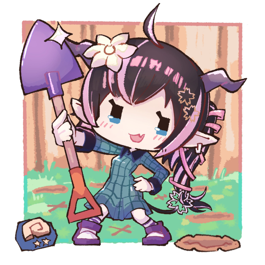 1girl ahoge alternate_costume black_hair blue_dress blue_eyes blush breasts chibi collared_dress commentary_request demon_girl demon_horns demon_tail dress earrings fang flower full_body glint grey_horns hair_flower hair_ornament hair_ribbon highres holding holding_shovel horns jewelry long_hair long_sleeves looking_at_viewer multicolored_hair nanashi_inc. oinomori_may one_side_up open_mouth pink_hair pink_ribbon plaid plaid_dress pointy_ears ribbon shovel single_earring skin_fang small_breasts smile snail_shell solo standing tail touki31249960 two-tone_hair virtual_youtuber white_flower