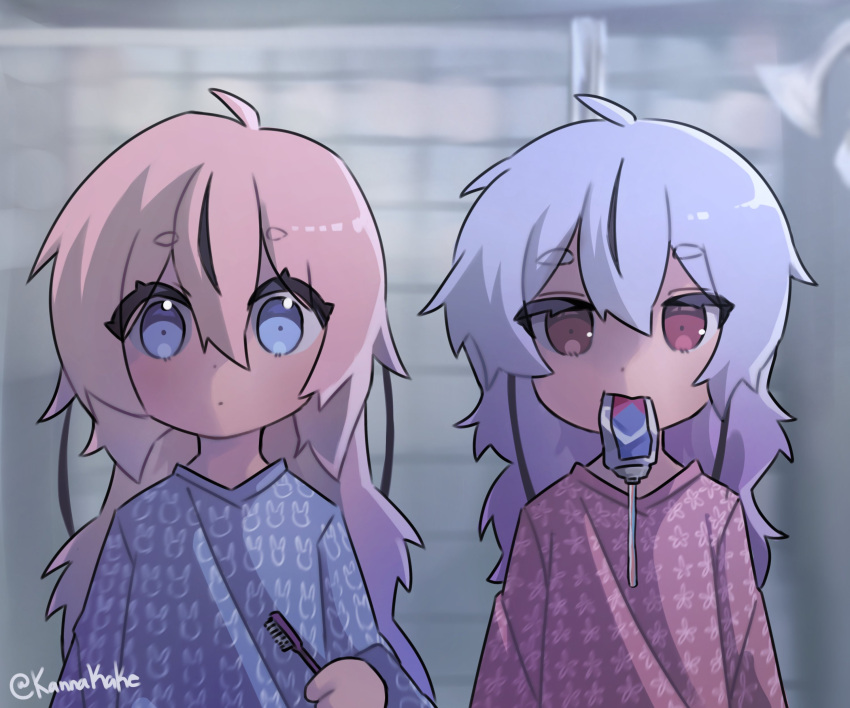 2girls absurdres ahoge alternate_costume bathroom black_hair blue_eyes blue_hair blue_pajamas blurry blurry_background commentary dot_mouth english_commentary expressionless floral_print gradient_hair hair_down hand_up highres hikimayu holding holding_toothbrush indoors kannakake long_hair long_sleeves looking_at_viewer meika_hime meika_mikoto mouth_hold multicolored_hair multiple_girls pajamas pink_hair pink_pajamas print_pajamas raised_eyebrows shower_head siblings side-by-side sisters straight-on streaked_hair tile_wall tiles toothbrush toothpaste twitter_username upper_body violet_eyes vocaloid you're_doing_it_wrong