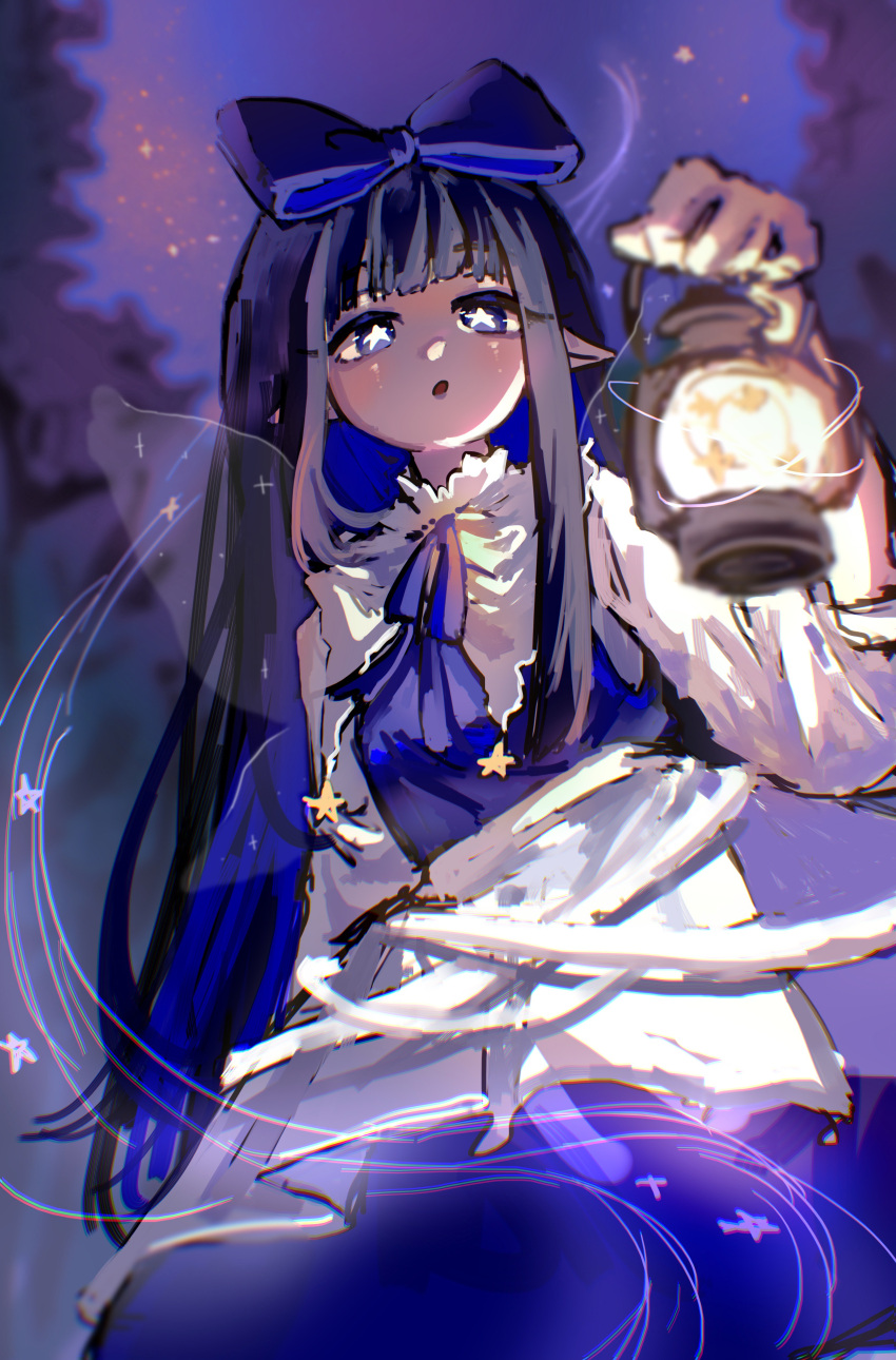 1girl :o absurdres arm_up black_hair blue_bow blue_dress blue_eyes blunt_bangs blurry blurry_background bow dress eyebrows_hidden_by_hair from_below hair_bow highres holding holding_lantern lantern light_blush long_hair night night_sky one-hour_drawing_challenge open_mouth pointy_ears shouxishao_jiuyuan sidelocks sky solo star-shaped_pupils star_(symbol) star_sapphire symbol-shaped_pupils touhou very_long_hair