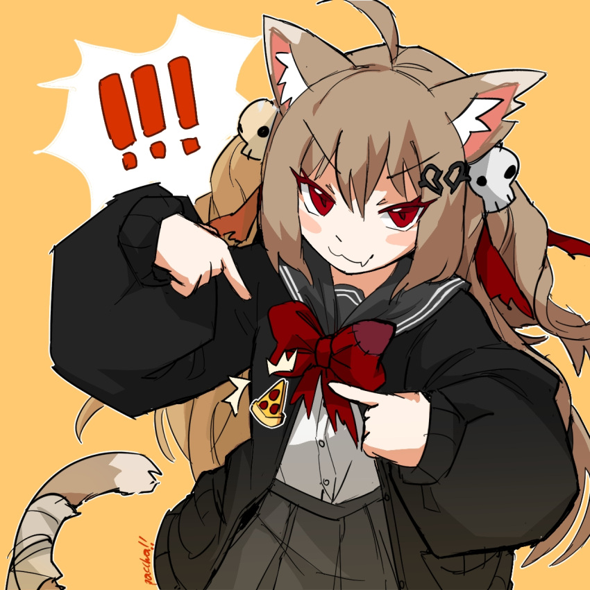 ! !! &gt;:) 1girl :3 ahoge animal_ear_fluff animal_ears artist_name badge bandaged_tail black_cardigan black_sailor_collar black_skirt blush_stickers bow bowtie broken_heart_hair_ornament button_badge cardigan cat_ears cat_tail cowboy_shot dress_shirt english_commentary evil_neuro-sama fang food hair_between_eyes hair_ornament hair_ribbon highres indie_virtual_youtuber light_brown_hair long_hair long_sleeves neuro-sama pasharuu pizza pizza_slice pocket pointing puffy_long_sleeves puffy_sleeves red_bow red_bowtie red_eyes red_ribbon ribbon sailor_collar shirt sidelocks skirt skull_hair_ornament smug solo spoken_exclamation_mark tail torn_bow two_side_up v-shaped_eyebrows virtual_youtuber white_shirt