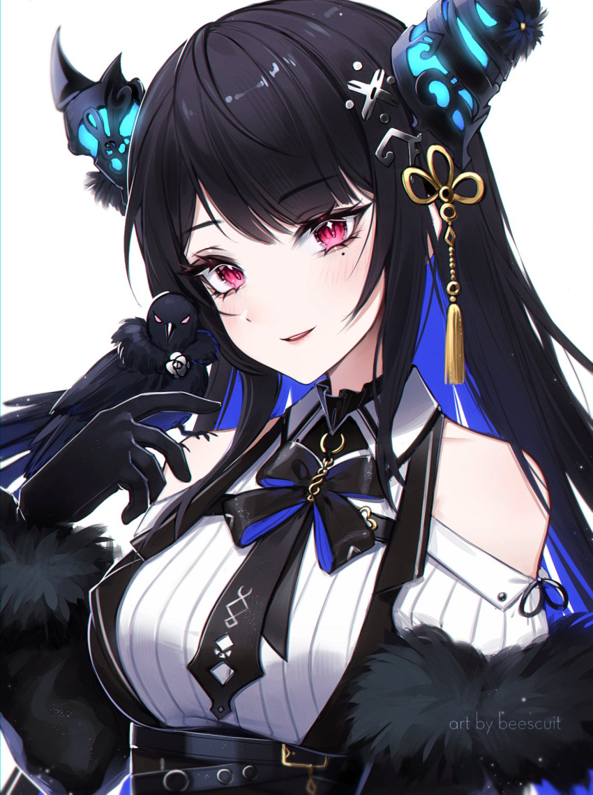 1girl bare_shoulders beescuit bird black_hair blue_hair breasts colored_inner_hair crow crystal_horn demon_horns fur_trim hair_ornament highres hololive hololive_english horns large_breasts long_hair looking_at_viewer mole mole_under_eye multicolored_hair nerissa_ravencroft red_eyes shadow_(nerissa_ravencroft) smile solo two-tone_hair upper_body virtual_youtuber