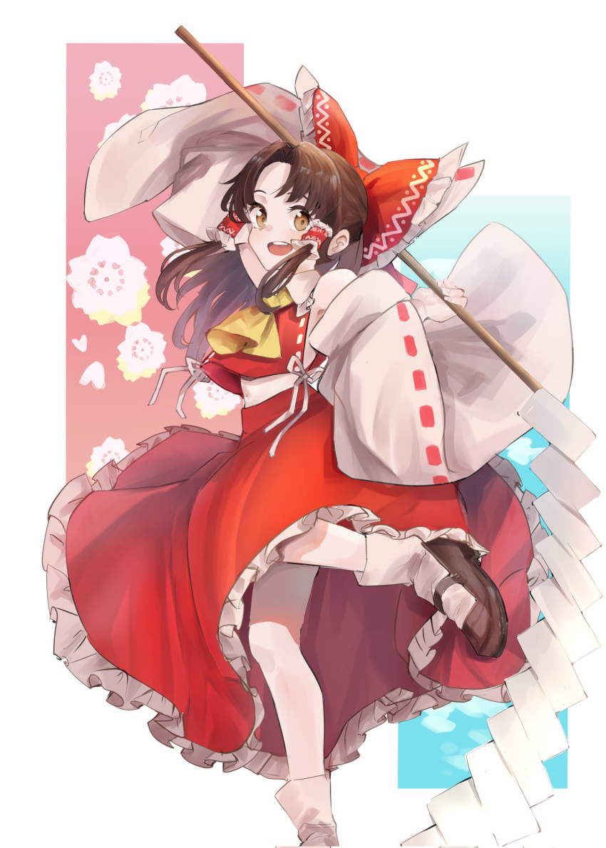1girl armpit_peek arms_up ascot bare_legs bare_shoulders bow brown_eyes brown_hair commentary_request detached_sleeves floral_background foot_out_of_frame frilled_bow frilled_hair_tubes frilled_shirt_collar frills gohei hair_bow hair_tubes hakurei_reimu happy highres holding holding_stick light_blush long_hair looking_at_viewer mary_janes midriff mouryou_(chimimouryou) navel open_mouth parted_bangs petticoat ponytail red_bow red_skirt red_vest shoes simple_background skirt skirt_set solo standing standing_on_one_leg stick teeth touhou upper_teeth_only vest wide_sleeves yellow_ascot