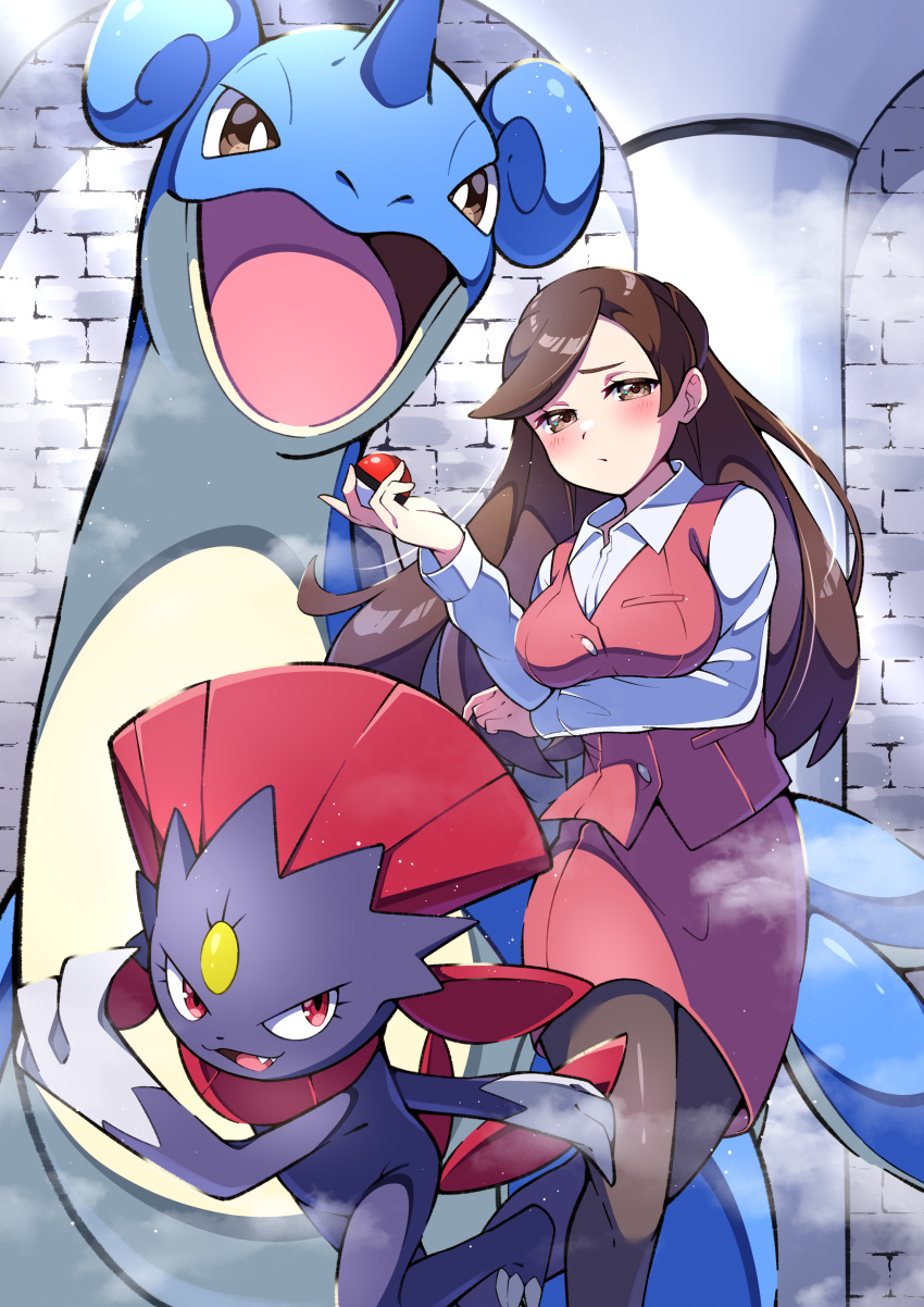 1girl absurdres arm_under_breasts blush breasts brown_eyes brown_hair brown_pantyhose closed_mouth collared_shirt commentary_request fog hand_up highres holding holding_poke_ball lapras long_hair long_sleeves looking_at_viewer office_worker_(pokemon) pantyhose pink_skirt pink_vest poke_ball poke_ball_(basic) pokemon pokemon_(creature) pokemon_(game) pokemon_bw pon_yui shirt skirt vest weavile white_shirt