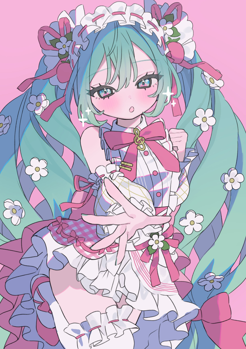 1girl absurdres blush bow bowtie commentary detached_sleeves dress flower food-themed_hair_ornament foreshortening green_eyes green_hair hair_flower hair_ornament hakudaku hatsune_miku highres long_hair open_mouth outstretched_arm pink_background pink_bow pink_bowtie reaching reaching_towards_viewer simple_background solo strawberry_hair_ornament strawberry_miku_(morikura) treble_clef twintails vocaloid white_dress